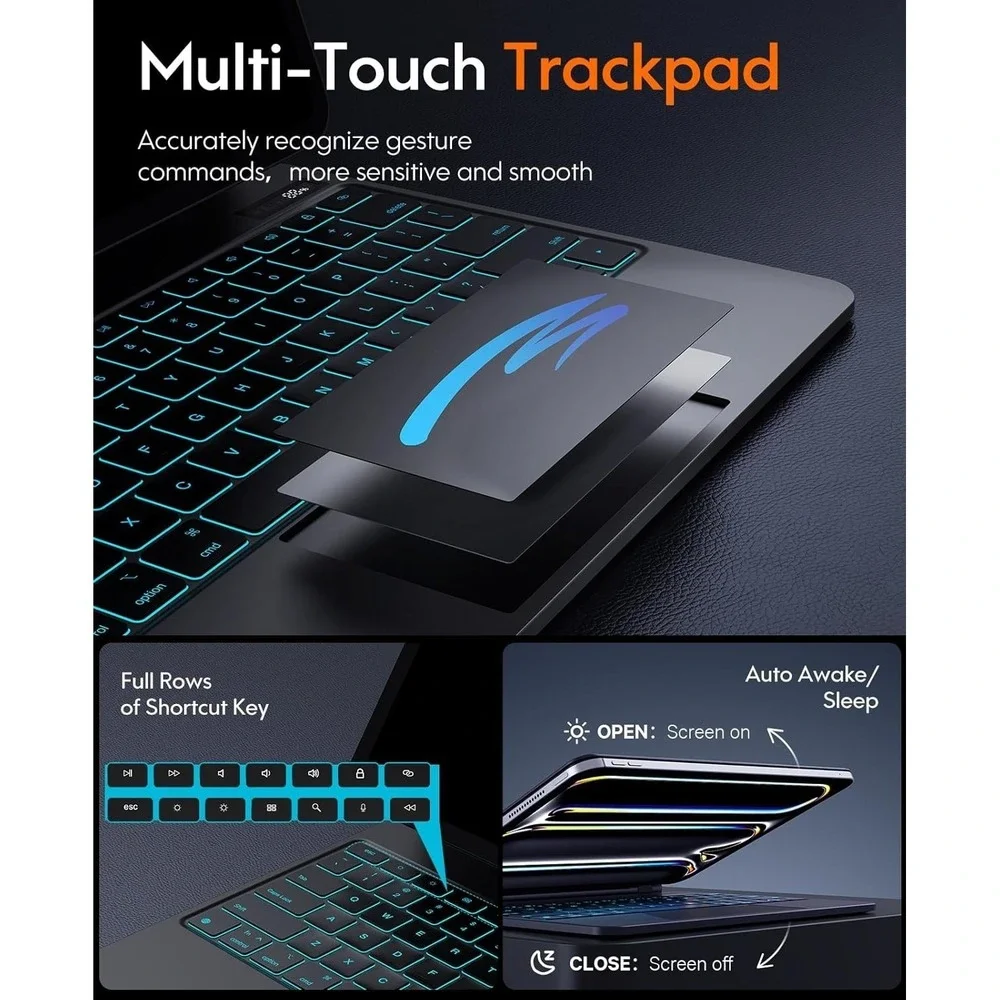 CHESONA iPad Pro 13 Case Keyboard Backlit Trackpad Floating Stand Black